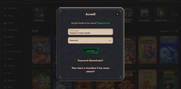HeroSpin schermata di accesso account
